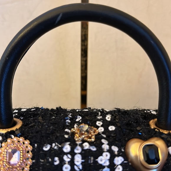 NWTGS Kurt Geiger black and white plaid bejeweled fabric handle mini Kensington! - Picture 6 of 9